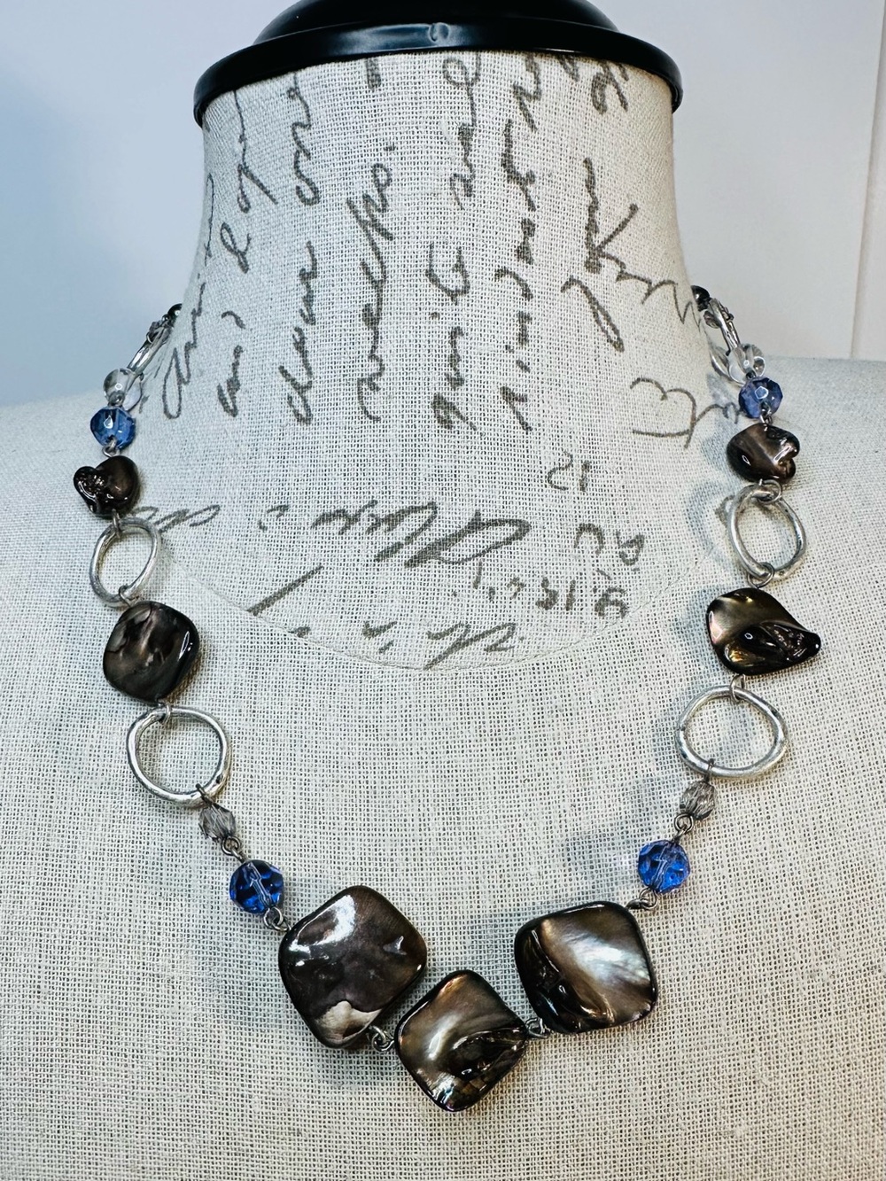 Lia Sophia Indigo Statement Necklace Brown Abalone Shell Blue Glass Beads Silver